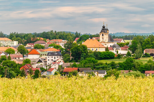 panoramic view of the village of Sepekov and its main landmark, the Church of the Virgin Mary. Sepekov is located a short distance from the town of Milevsko in South Bohemia. 