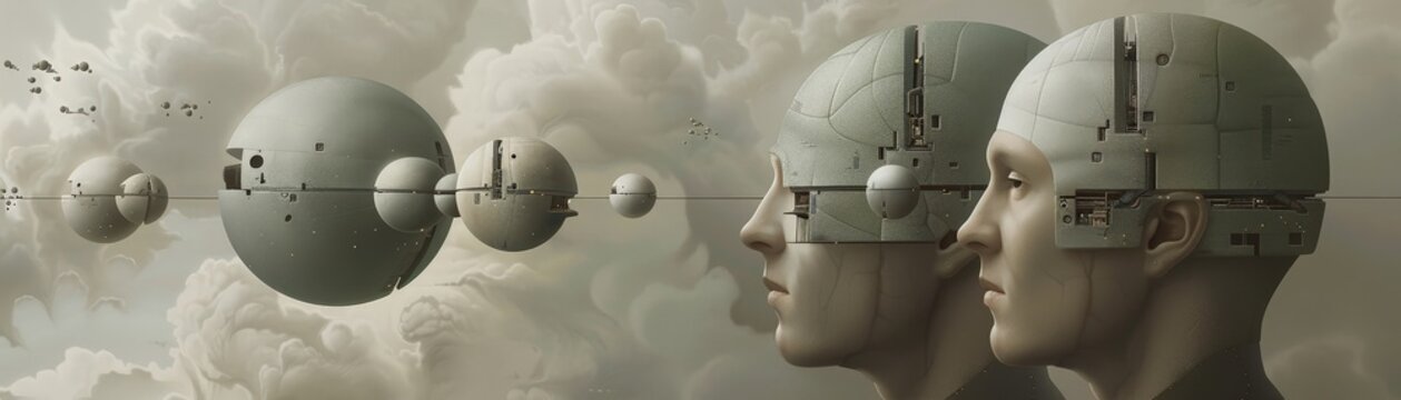 Two futuristic beings gaze at a celestial landscape of orbiting spheres.