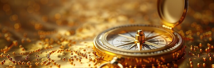 a golden yellow compass on a floor full of gold dust