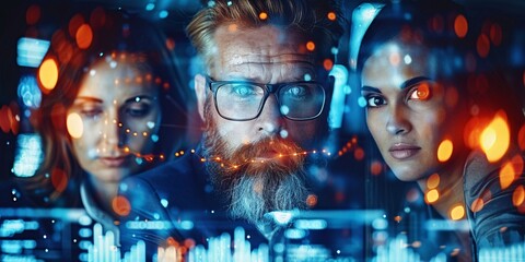 Business team with finance data on transparent screen.