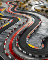 3D rendering of an electric slot car track. A high-angle view with close-up red and yellow stripes on a grey metal ground, shown in high detail with sharp focus and high resolution.