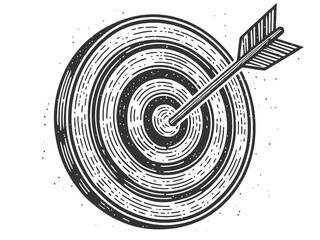 arrow hitting the bullseye on a target, symbolizing precision and accuracy sketch engraving generative ai vector illustration. Scratch board imitation. Black and white image.