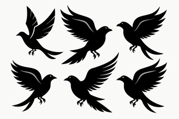 A set of bird in flight silhouette black vector artwork illustration