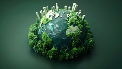 A digital illustration of Earth with forests and city buildings, symbolizing the balance between nature and urban development.