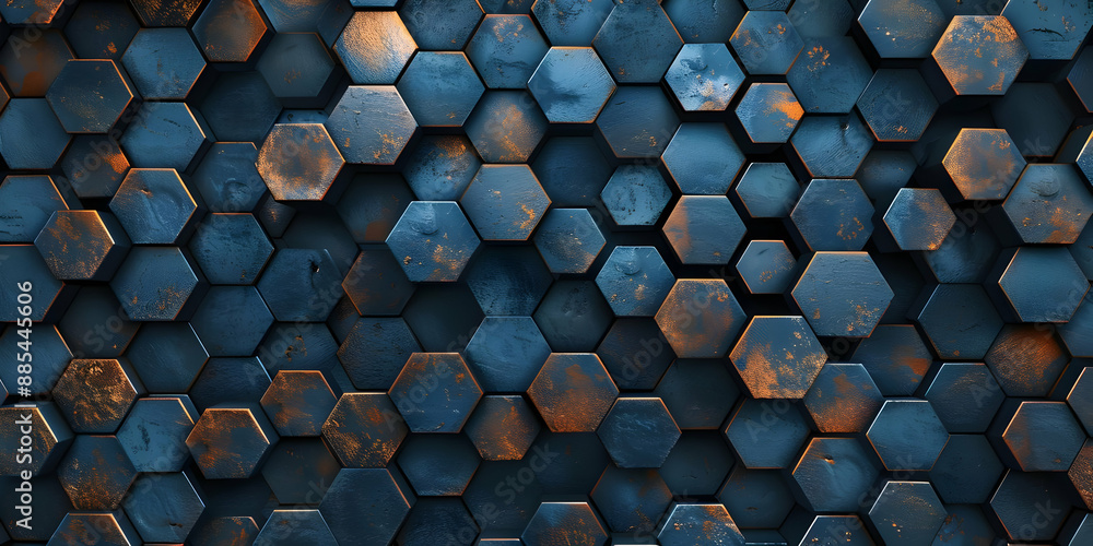 Poster abstract hexagonal pattern with a metallic blue and rusty texture, creating a modern and industrial 