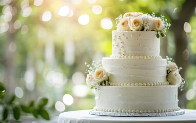 Fototapeta premium Elegant three-tiered wedding cake adorned with intricate floral decorations and delicate icing