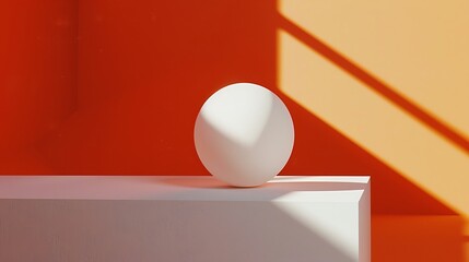 Minimalist product display with white sphere,  orange and white background.