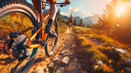 Mountain biker riding on rugged trail at sunset, adventure in nature.