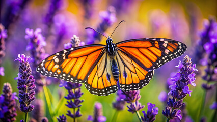 Obraz premium Delicate monarch butterfly with orange and black wings rests on a vibrant purple lavender flower, surrounded by lush green foliage and soft focus background.