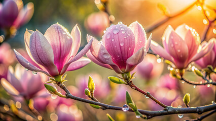 Delicate pink magnolia petals unfurl on a dewy branch, set against a soft, blurred background with natural sunlight bokeh, capturing spring's freshness after morning rain.