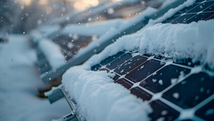 Close-up of solar panels covered in snow, highlighting renewable energy challenges in winter conditions. Snow and ice on the panels in a cold climate.