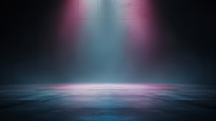 Obraz premium A dark room with a blue and purple light shining on the floor
