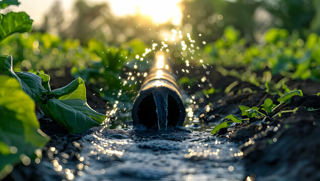 Close-up of water flowing from an irrigation pipe in a vegetable field under the golden sunset, promoting sustainable agriculture.