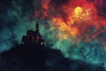 Obraz premium Haunted Mansion under a Crimson Sky
