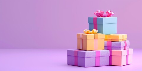 Stack of colorful gift boxes tied bright vivid colored bows. Joy, anticipation of receiving presents. Beautiful gift boxes heap on purple color. Gift box set in pile. Distinctive present boxes. Sale