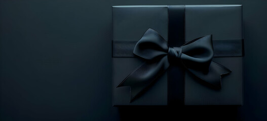 Elegant black gift box with dark ribbon on a black background, perfect for luxury, sophistication, and special occasions.