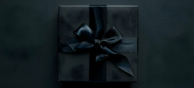 Elegant black gift box with a matching ribbon, beautifully wrapped, perfect for special occasions, minimalistic and stylish packaging.