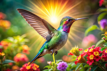 Fototapeta premium Vibrant hummingbird with iridescent feathers spreads wings, sipping nectar amidst colorful blooms, surrounded by delicate petals and lush green foliage in warm sunlight.