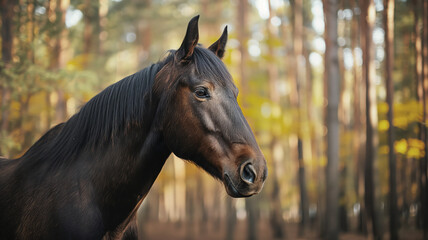 Obraz premium Close-up of a black horse in a forest with autumn foliage in the background. The horse appears calm and attentive, highlighting its natural beauty and grace in a woodland setting