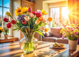 Vibrant spring flowers bouquet in a delicate vase on a wooden table, surrounded by soft morning sunlight, warm glow, and serene living room ambiance. © Man888