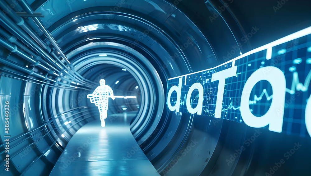 Poster futuristic digital interface with human figure and data visualization in a glowing tunnel symbolizes