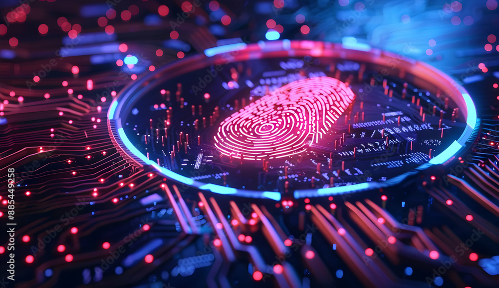 Poster futuristic digital fingerprint scanner with glowing red and blue circuits, representing cybersecurit