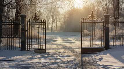 Open iron gates leading to a snow-covered path in a sunlit winter landscape. Peaceful and serene...