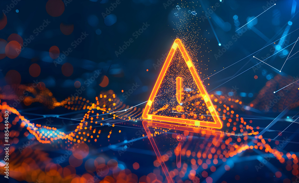 Poster glowing warning triangle on a digital abstract background, representing cyber threats, data breaches