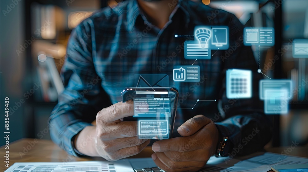 Poster invoice and online digital statements concept. businessman using smartphone with invoice icons on vi