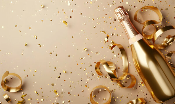 Gold champagne bottle with festive confetti and ribbons on a sparkling background, perfect for celebratory occasions.