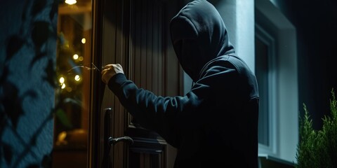 A masked thief is breaking into a house at night, posing a danger to security.