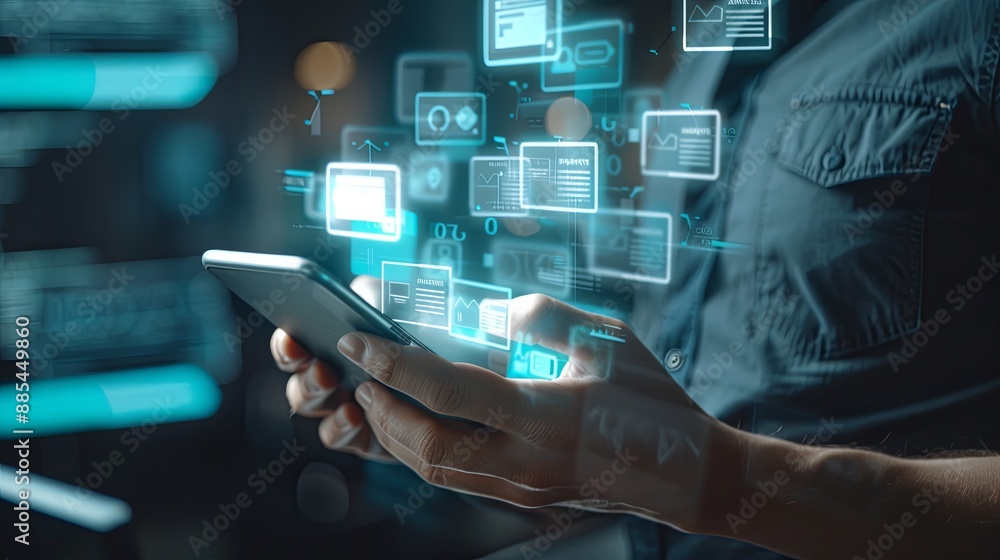 Poster invoice and online digital statements concept. businessman using smartphone with invoice icons on vi