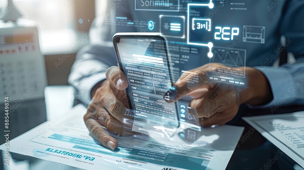 Poster invoice and online digital statements concept. businessman using smartphone with invoice icons on vi
