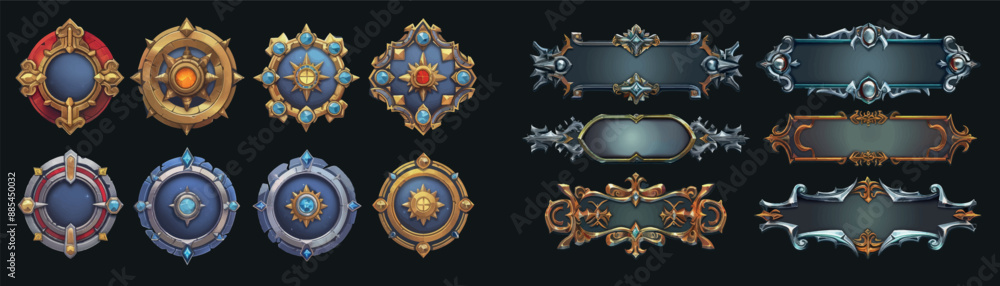Poster a set of blank circle silver and gold frames in medieval style for game user interfaces. modern cart