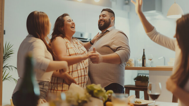Happy friends celebrating together at home, laughing and dancing around the dining table. Overweight man and woman enjoying the joyous occasion with their loved ones
