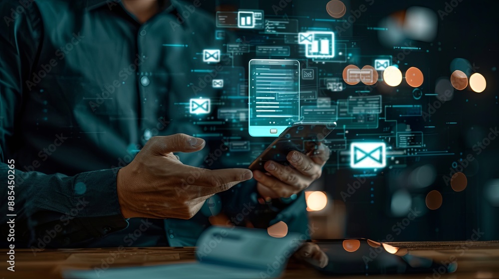 Poster invoice and online digital statements concept. businessman using smartphone with invoice icons on vi