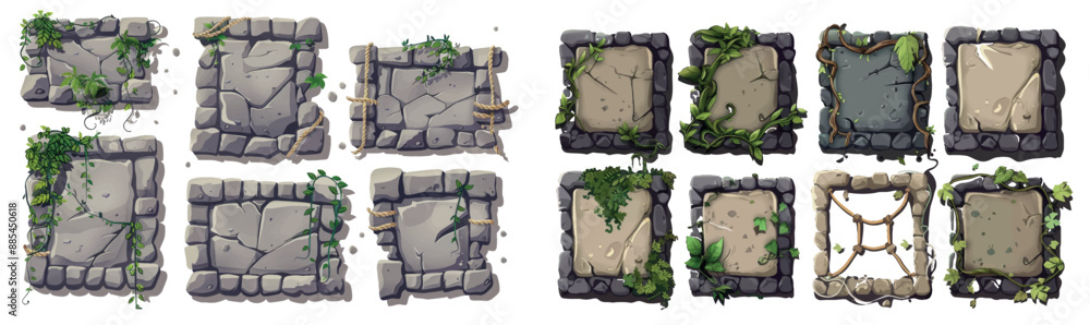 Poster the stone frame is used as an avatar for a video game. the cartoon set features empty square rock bo
