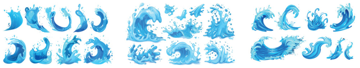 Splashes of blue water, waves from the sea, swirls, and fountains. Cartoon set of waves, tides, falling water, and burst effects with splats isolated on white.