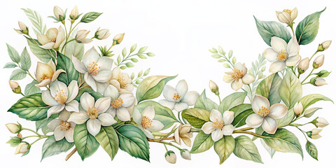 Delicate watercolor painting of jasmine flowers in soft hues, adorned with intricate botanical corner border design, evoking a sense of elegance and refinement.