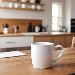 Fototapeta premium White ceramic coffee cup placed on a tabletop with a hazy kitchen background, copy space for custom designs or text