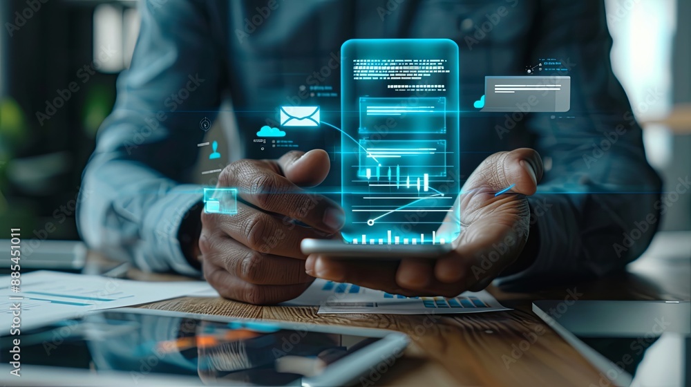 Poster invoice and online digital statements concept. businessman using smartphone with invoice icons on vi