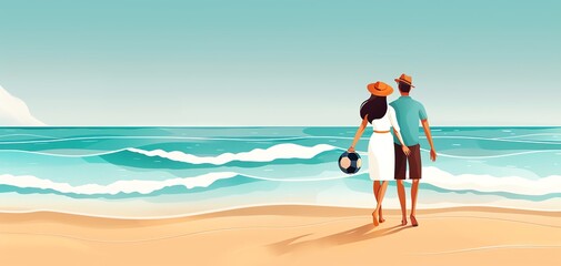 Obraz premium Couple walking hand in hand on a sunny beach, gazing at the ocean waves. Perfect vacation or romantic getaway illustration.