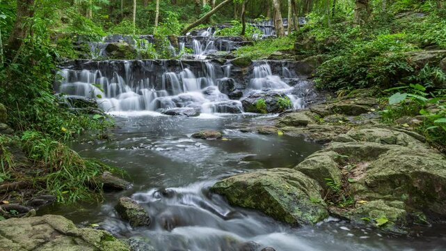 Waterfall in tropical rainforest in Namtok Samlan National Park, Saraburi, Thailand; panning right - Time Lapse