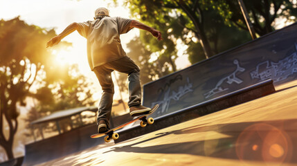 A skateboarder performs an impressive trick mid-air in a sunlit skatepark, capturing the energy and thrill of skateboarding.