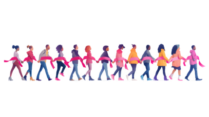 Group of people holding hands with pink ribbons, Breast Cancer Awareness Month, symbolizing unity and support for cancer awareness, png file, isolated on white