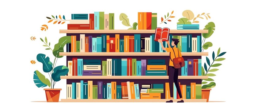 Illustration of a person reading a book in a colorful library with plants and bookshelves, emphasizing knowledge and relaxation.