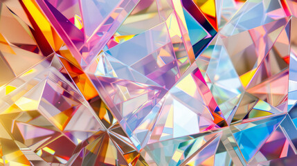 Kaleidoscope of colorful, multifaceted crystal structures reflecting light, creating an abstract and visually engaging pattern.