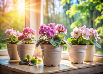 Delicate pink violets spill out of white ceramic flower pots, overflowing with lush greenery, sitting serenely on a sun-drenched windowsill, surrounded by soft natural light.