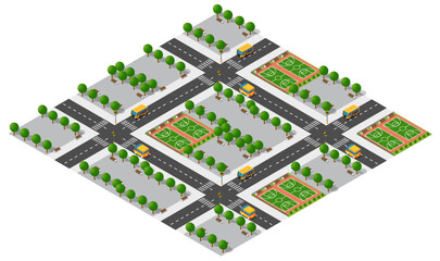 Isometric city map with basketball courts and school buses driving on the road