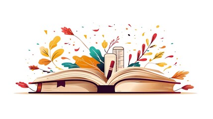 Open book with colorful leaves and a bookmark, symbolizing creativity and learning. Ideal for educational and literary themes.